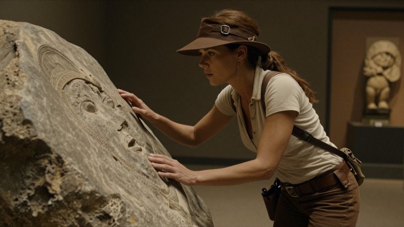 Female archaeologist gently examines an intricately carved ancient stone artifact inside a dim mu...