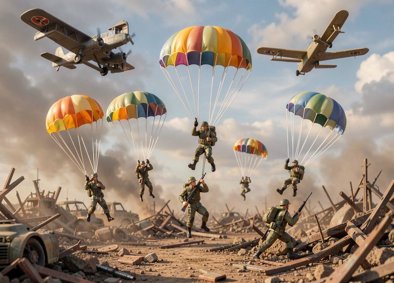 Miniature toy soldier paratroopers descend on colorful parachutes over a ruined battlefield diora...