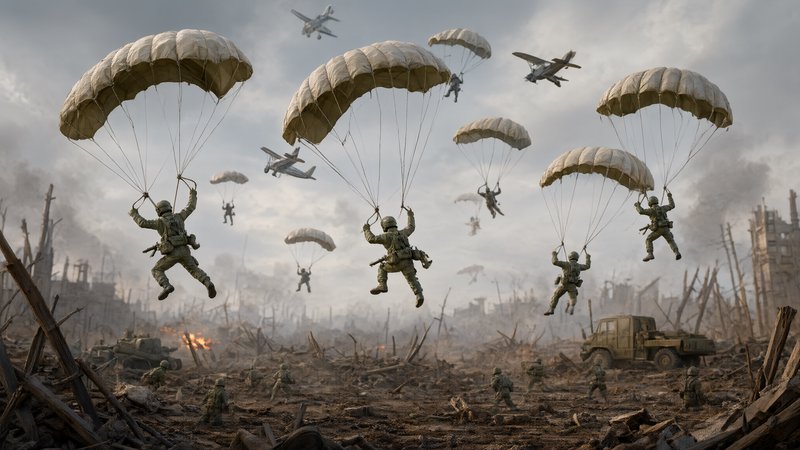 WWII paratroopers descend on tan canvas parachutes above a bombed, war-torn battlefield, with vin...