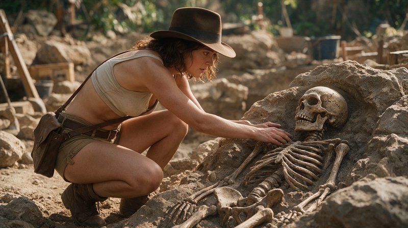 Female archaeologist in a wide brim hat kneels examining an unearthed ancient human skeleton at a...