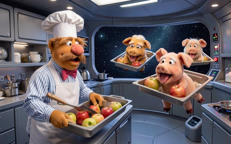 Muppet chef holds an apple tray as floating pig muppets hover with serving trays in a zero-gravit...