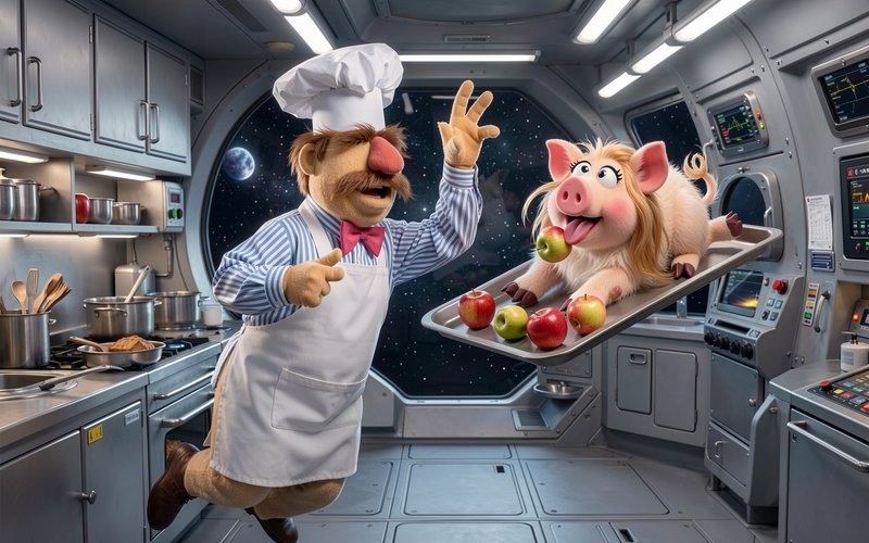 Floating Muppet chef holds a tray with a happy Miss Piggy puppet in a zero-gravity space station ...