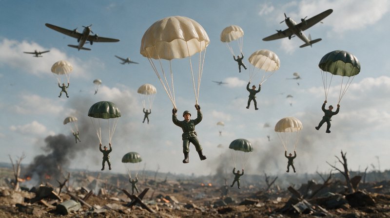 Forced perspective diorama of toy army paratroopers descending above a destroyed WWII battlefield...