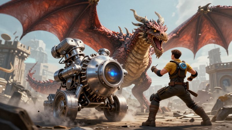 Steampunk adventurer and chrome combat mech face a massive menacing red winged dragon on a ruined...