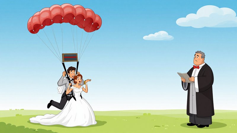 Cartoon of a bride and groom descending via red parachute toward a waiting wedding officiant in a...