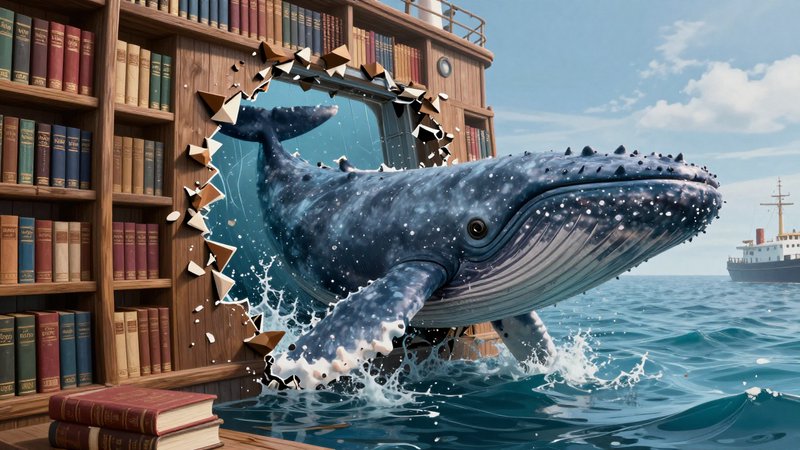 Surreal fantasy illustration of a speckled blue whale bursting through a wooden bookshelf out int...