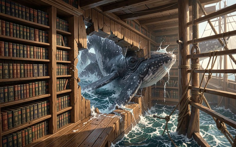 A large humpback whale bursts through a wooden ship library hull, as ocean water floods the cabin...