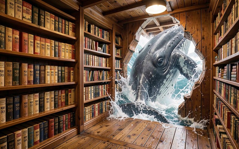 Giant whale bursts through splintered wooden library wall, ocean water surging into a room lined ...