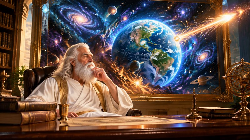 Elderly wise bearded scholar sits thoughtfully at a vintage desk, gazing at a glowing cosmic view...