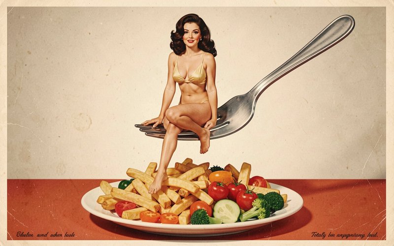 Retro 1950s pinup woman in a gold bikini sits on a giant fork hovering over a plate of fries and ...