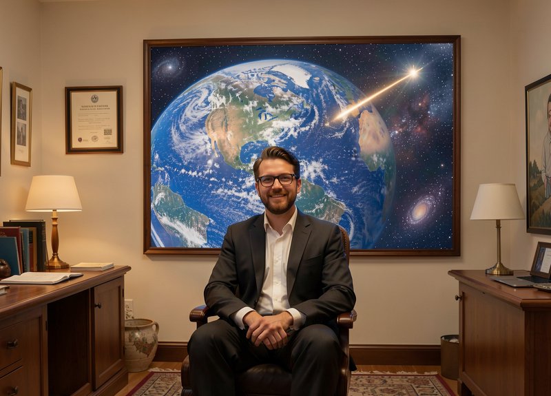 Smiling suited businessman seated in a traditional office, with a large framed Earth and space ar...