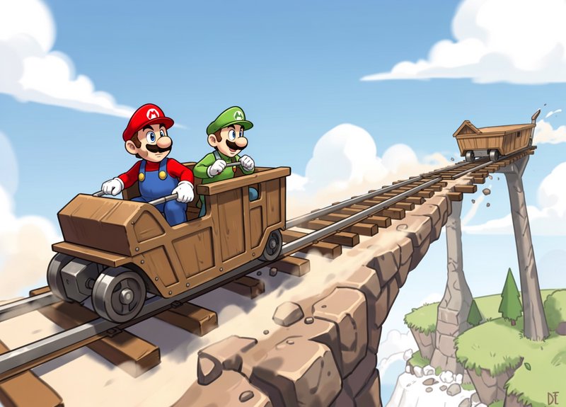 Mario and Luigi ride a wooden mine cart on a rickety elevated track high above floating grassy sk...