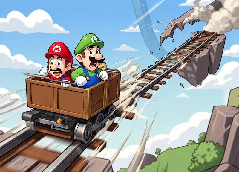 Panicked Mario and Luigi ride a speeding wooden mine cart toward a broken elevated track high abo...