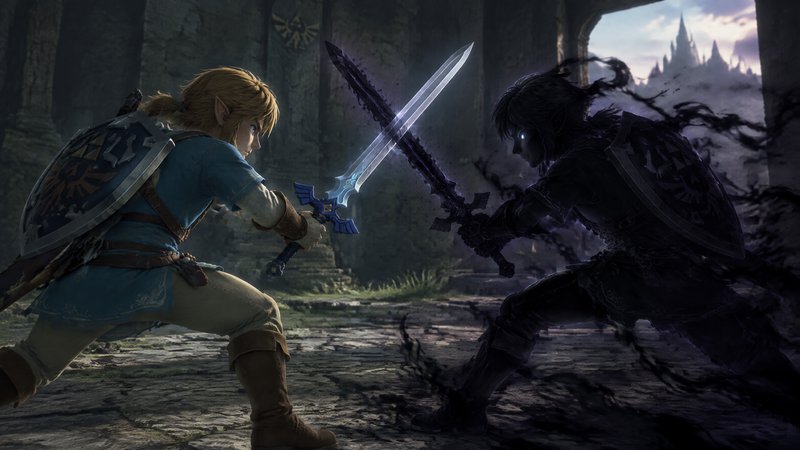 Link clashes glowing Master Swords with dark shadow Link in a tense standoff inside a crumbling H...