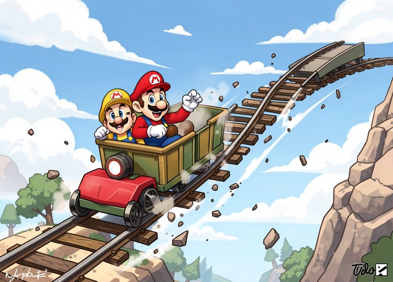 Two Mario characters ride a speeding runaway mine cart up crumbling elevated mountain railway tracks