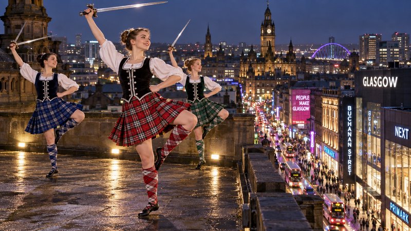 Three Scottish highland sword dancers pose on a rooftop overlooking illuminated Glasgow at dusk