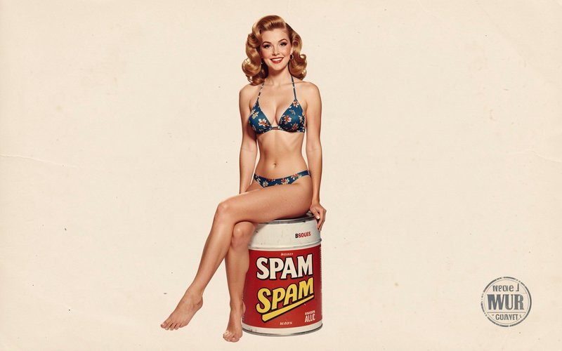 Smiling retro pinup model in a floral bikini sits atop an oversized comically large SPAM can