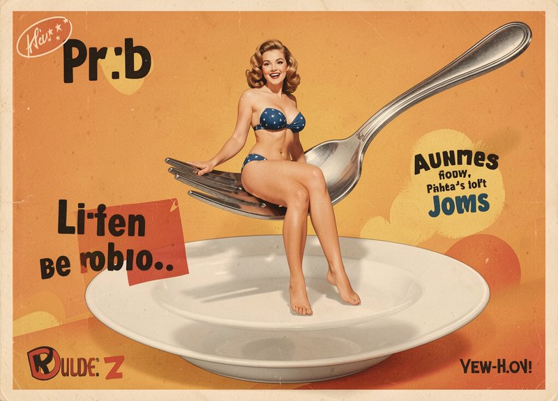 Retro 1950s pinup woman sitting on oversized fork and spoon hovering over a white dinner plate