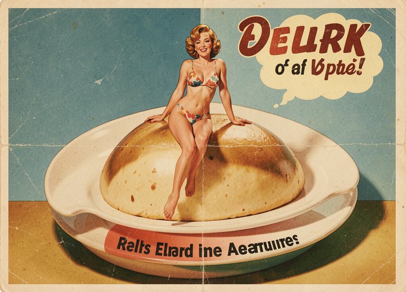 Surreal retro pinup woman in a floral bikini sitting atop a giant baked bread on a large serving ...