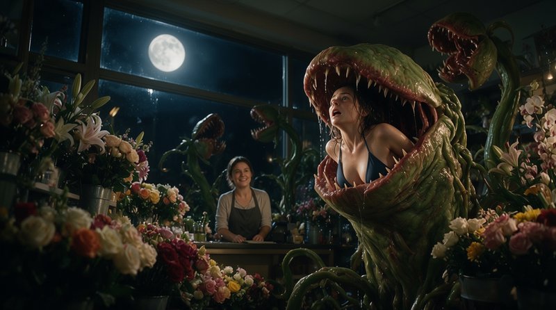 Giant man-eating plant holds a woman in its jaws inside a moonlit flower shop while a florist smi...