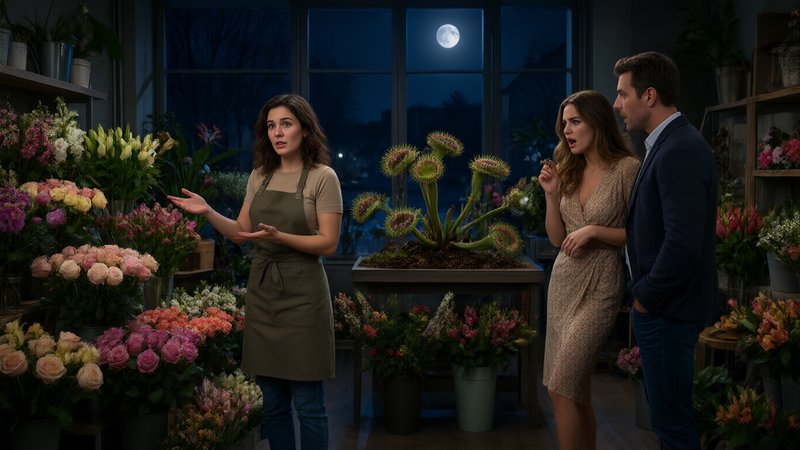 Florist gestures to a giant Venus flytrap as a shocked couple observes in a moonlit flower shop