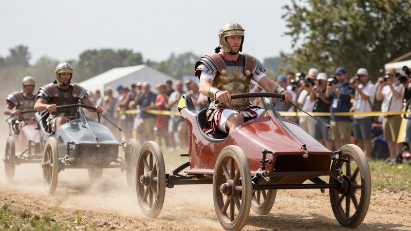 Drivers in Roman centurion costumes race vintage soapbox cars on a dusty dirt track.