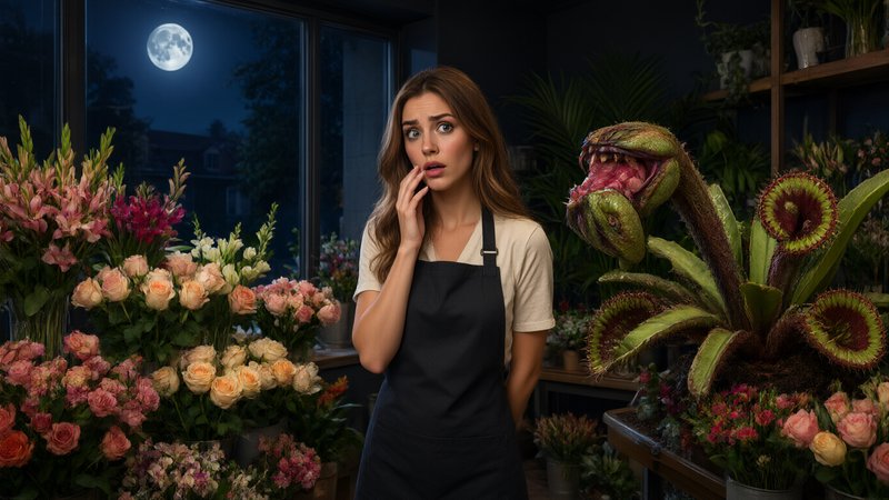 Shocked florist stands beside a giant man-eating carnivorous plant in a moonlit night flower shop