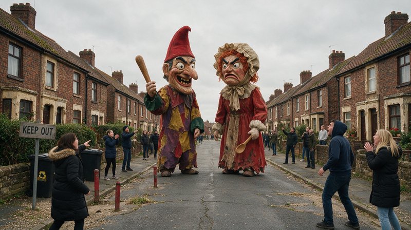 Giant Punch and Judy puppets stand in a residential street as angry onlookers react from the side...