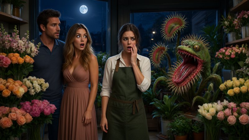 Shocked people in a moonlit flower shop stare at a giant monstrous man-eating Venus flytrap