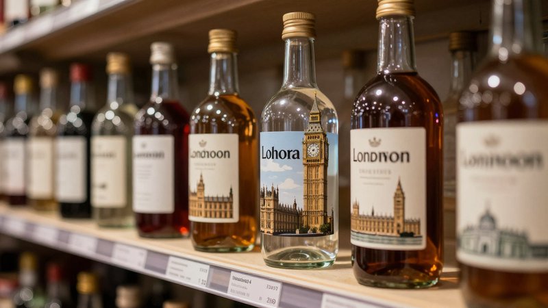Row of British-themed liquor bottles with London landmark labels displayed on a store shelf
