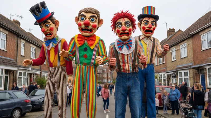 Four large clown parade puppets stand in a row on a residential neighborhood street during a comm...