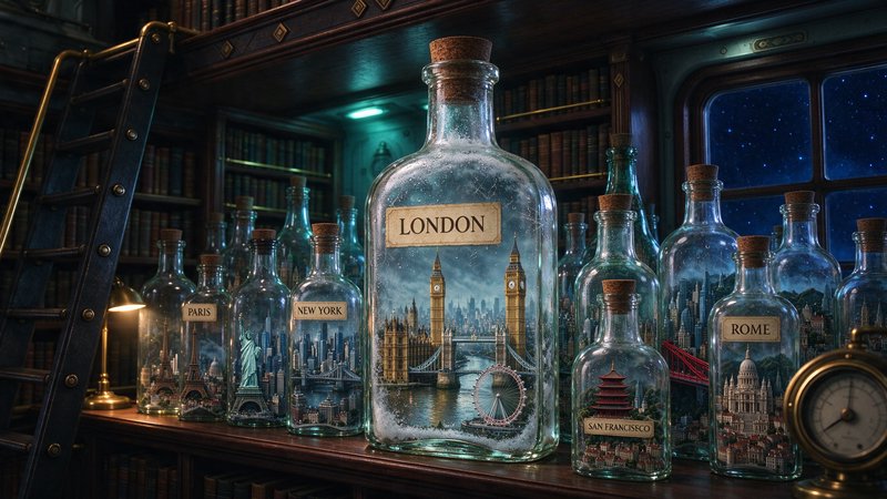 Labeled corked glass bottles holding miniature city dioramas line a vintage library shelf at night