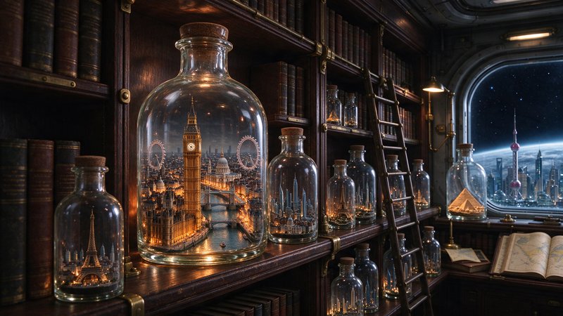 Corked glass bottles holding miniature city dioramas sit on a steampunk spaceship library shelf b...