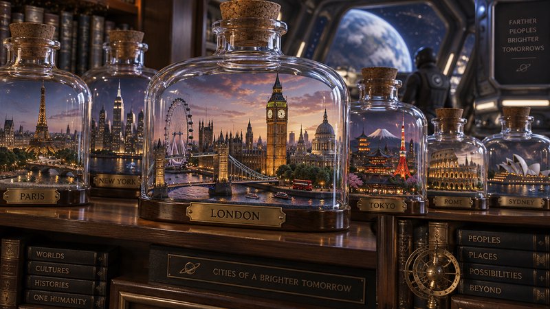 Glass bottles containing detailed miniature world city dioramas are displayed on a shelf inside a spaceship overlooking