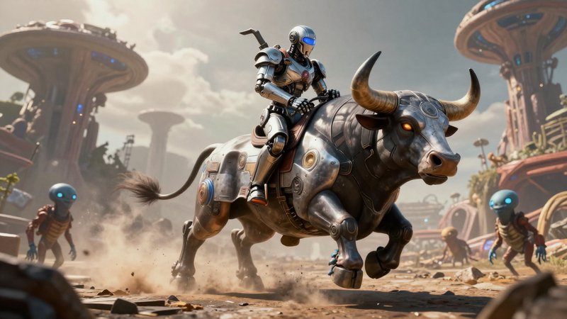Armored sci-fi robot rides a cybernetic bull through a dusty alien outpost