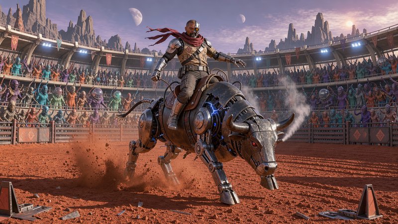 Cyborg gladiator rides a charging robotic bull in a crowded alien desert coliseum at sunset