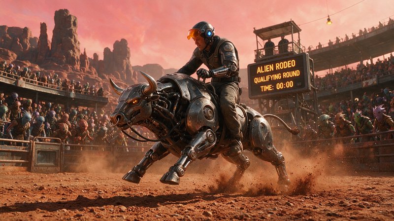 Futuristic human rider competes on a bucking robotic bull at an alien desert rodeo arena