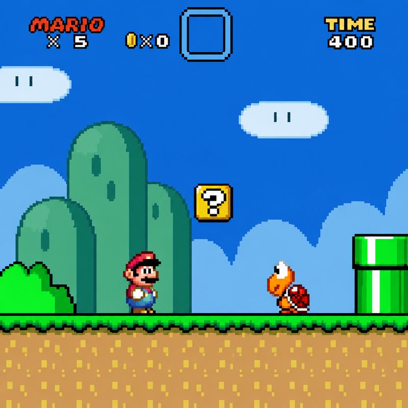 Pixel art Super Mario facing a Koopa Troopa on a classic 2D platform game level