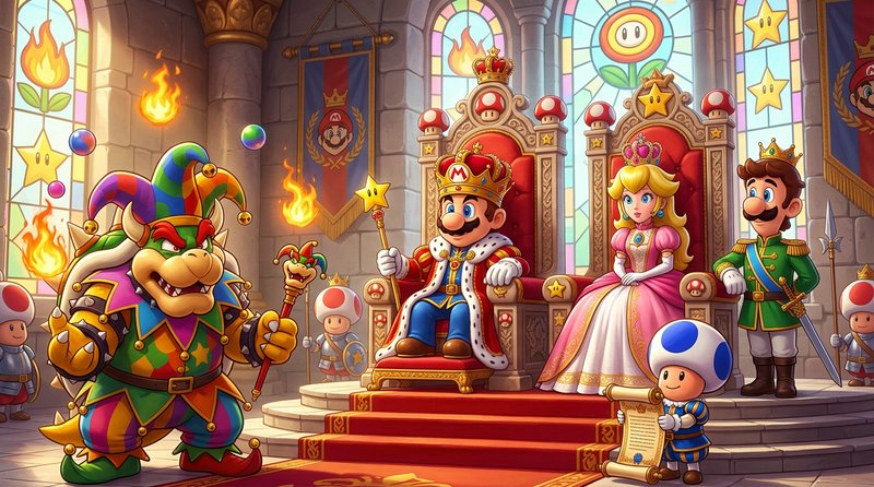 Jester-costumed Bowser stands before the royal court of King Mario and Queen Peach in a sunlit st...
