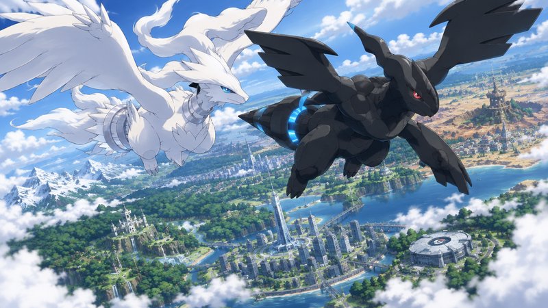 Legendary Pokemon Reshiram and Zekrom soar side-by-side high above a sprawling Unova region lands...