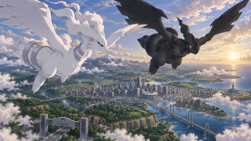 Reshiram and Zekrom soar side by side above the Unova region landscape at golden sunset