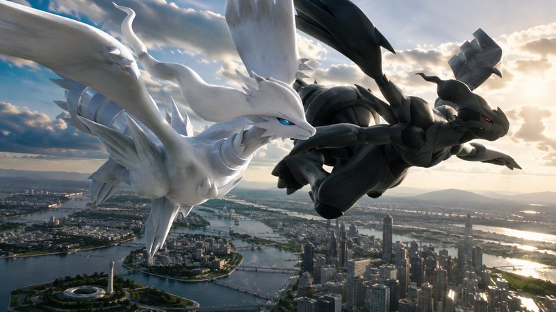 Reshiram and Zekrom fly side by side high above a sprawling sunlit riverfront city