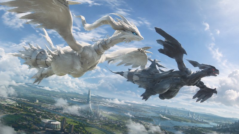Reshiram and Zekrom fly side by side high above a sprawling fantasy city under a bright cloudy sky