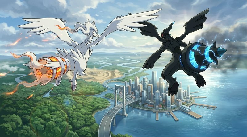 Legendary Pokemon Reshiram and Zekrom face off mid-flight above a coastal Unova cityscape