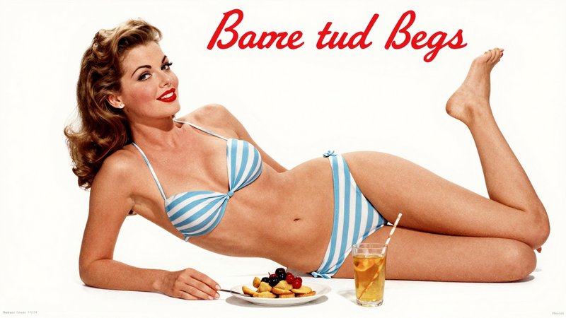 Retro 1950s pinup woman in striped bikini reclining with snacks, iced drink, red cursive text ove...