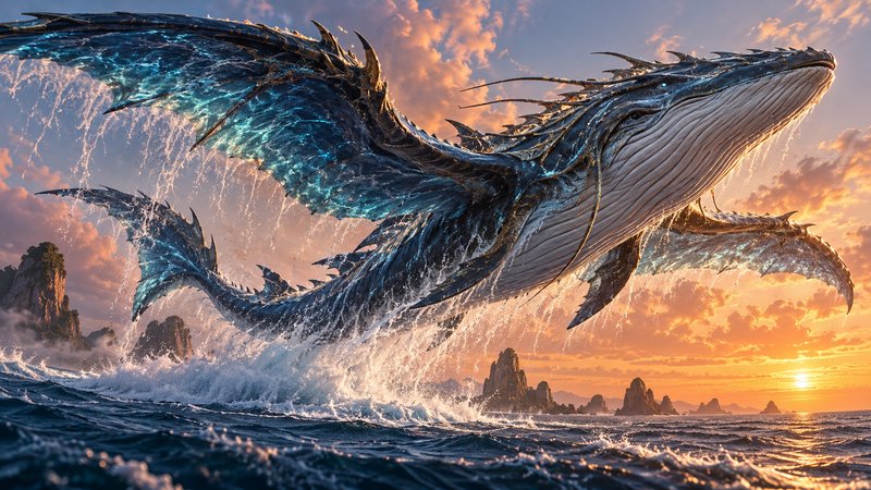 Armored winged fantasy whale leaps from crashing ocean waves at golden sunset over rocky islets