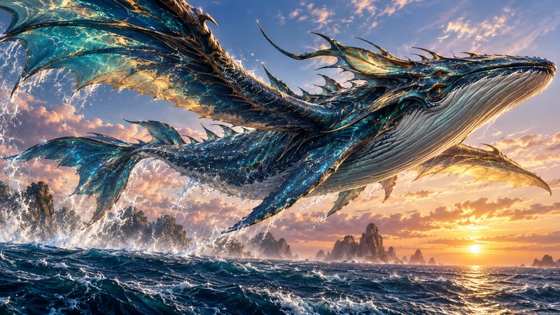 Iridescent winged whale leviathan leaps above crashing ocean waves at golden sunset