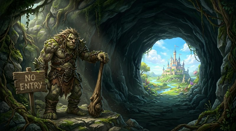 Mossy cave troll guard stands by a no entry sign holding a club, overlooking a fairytale castle t...