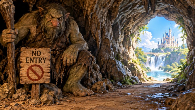 Gruff cave troll sits beside a NO ENTRY sign blocking a rocky cave opening overlooking a fairytal...