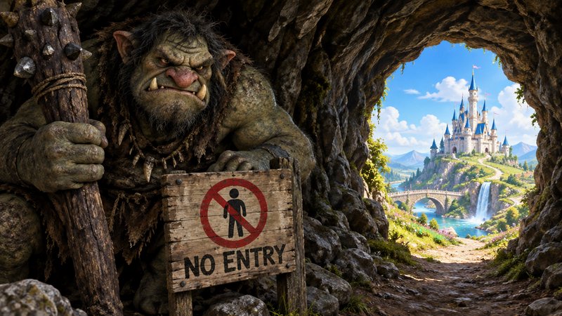 Gruff cave troll guards a no entry sign, with a fairytale castle visible in the sunny valley outside